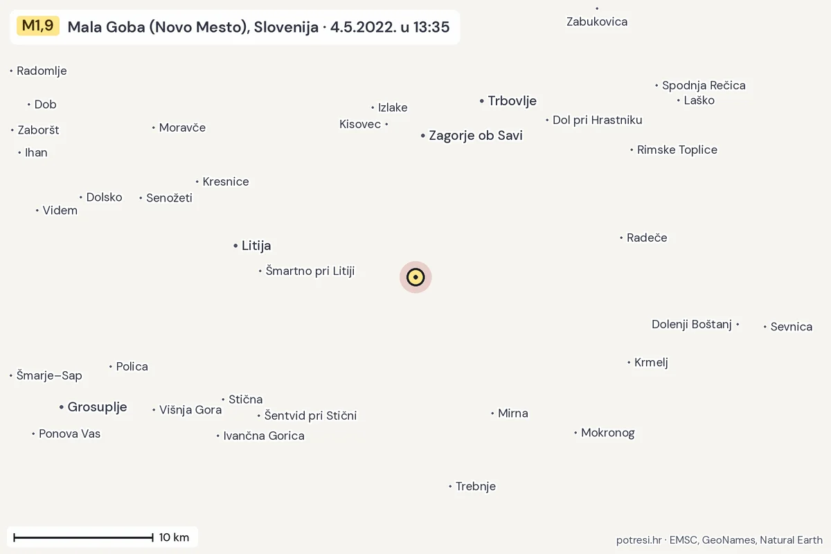 Karta: okolica epicentra, 60 km, potres M1,9, Mala Goba (Novo Mesto), Slovenija, 4.5.2022.