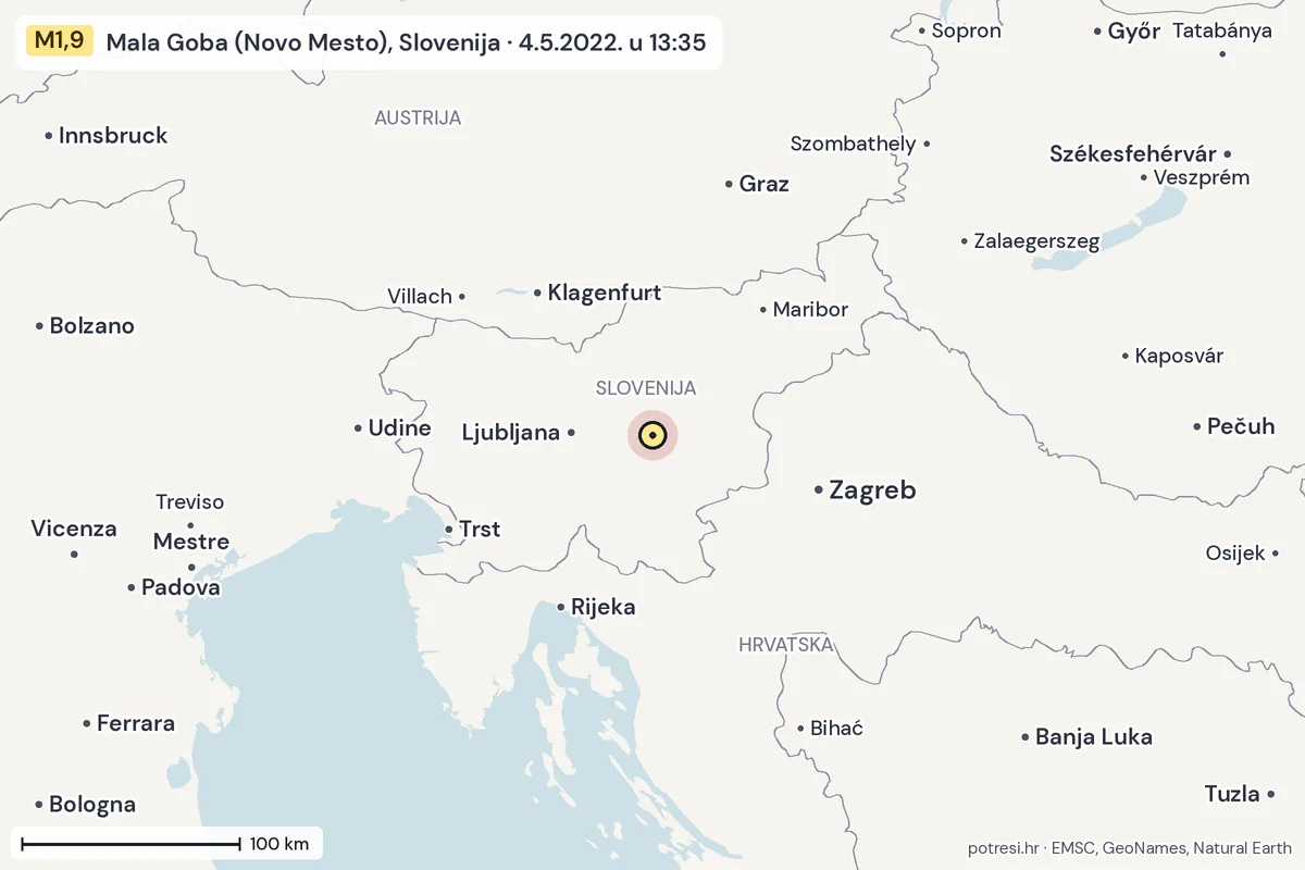 Karta: šire područje, 600 km, potres M1,9, Mala Goba (Novo Mesto), Slovenija, 4.5.2022.
