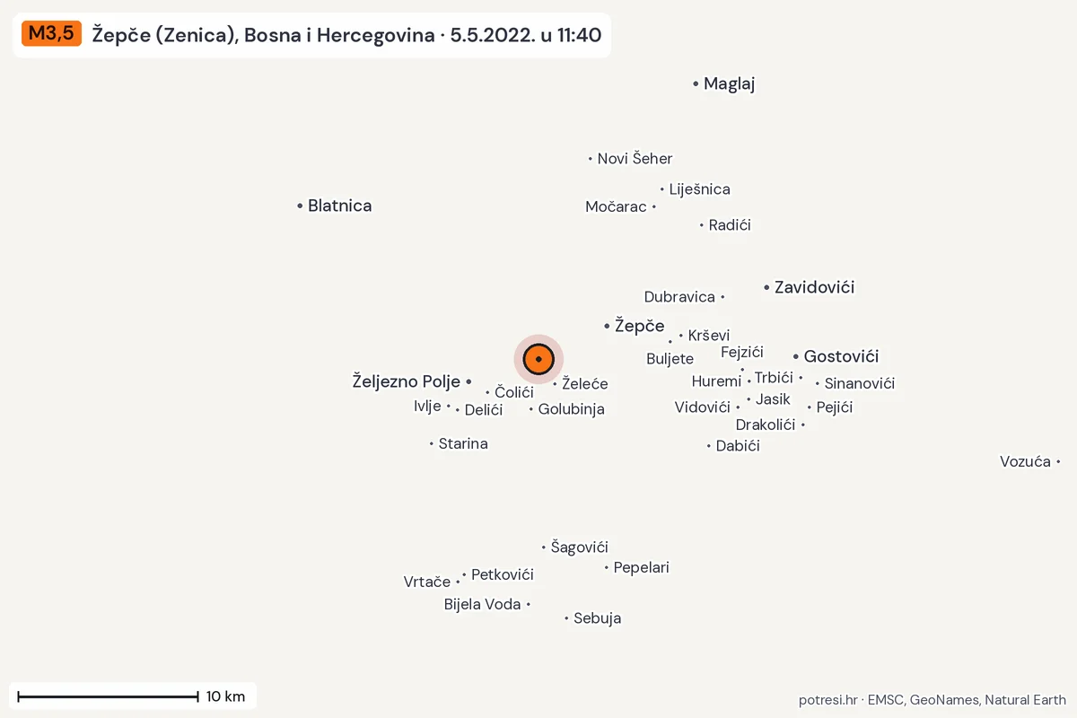 Karta: okolica epicentra, 60 km, potres M3,5, Žepče (Zenica), Bosna i Hercegovina, 5.5.2022.
