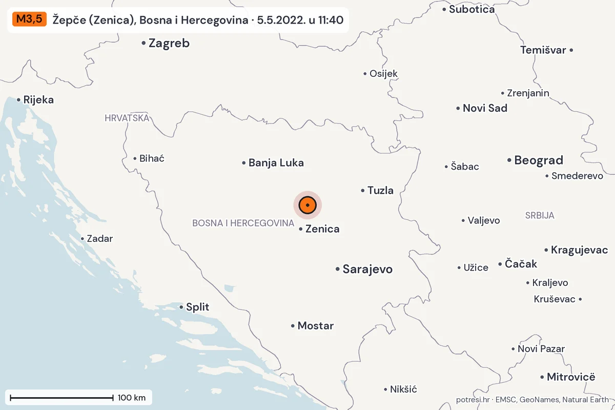Karta: šire područje, 600 km, potres M3,5, Žepče (Zenica), Bosna i Hercegovina, 5.5.2022.