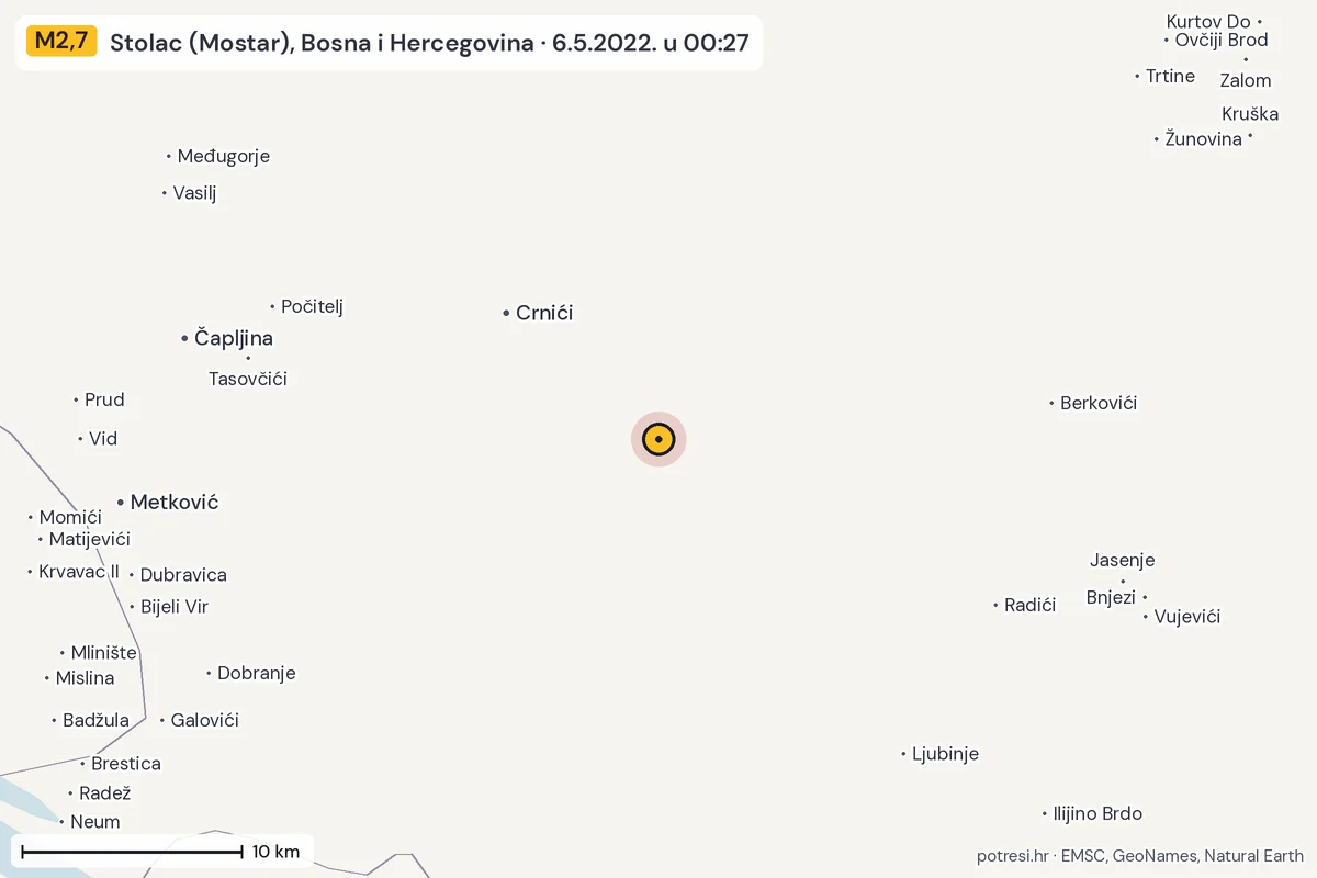 Karta: okolica epicentra, 60 km, potres M2,7, Stolac (Mostar), Bosna i Hercegovina, 6.5.2022.