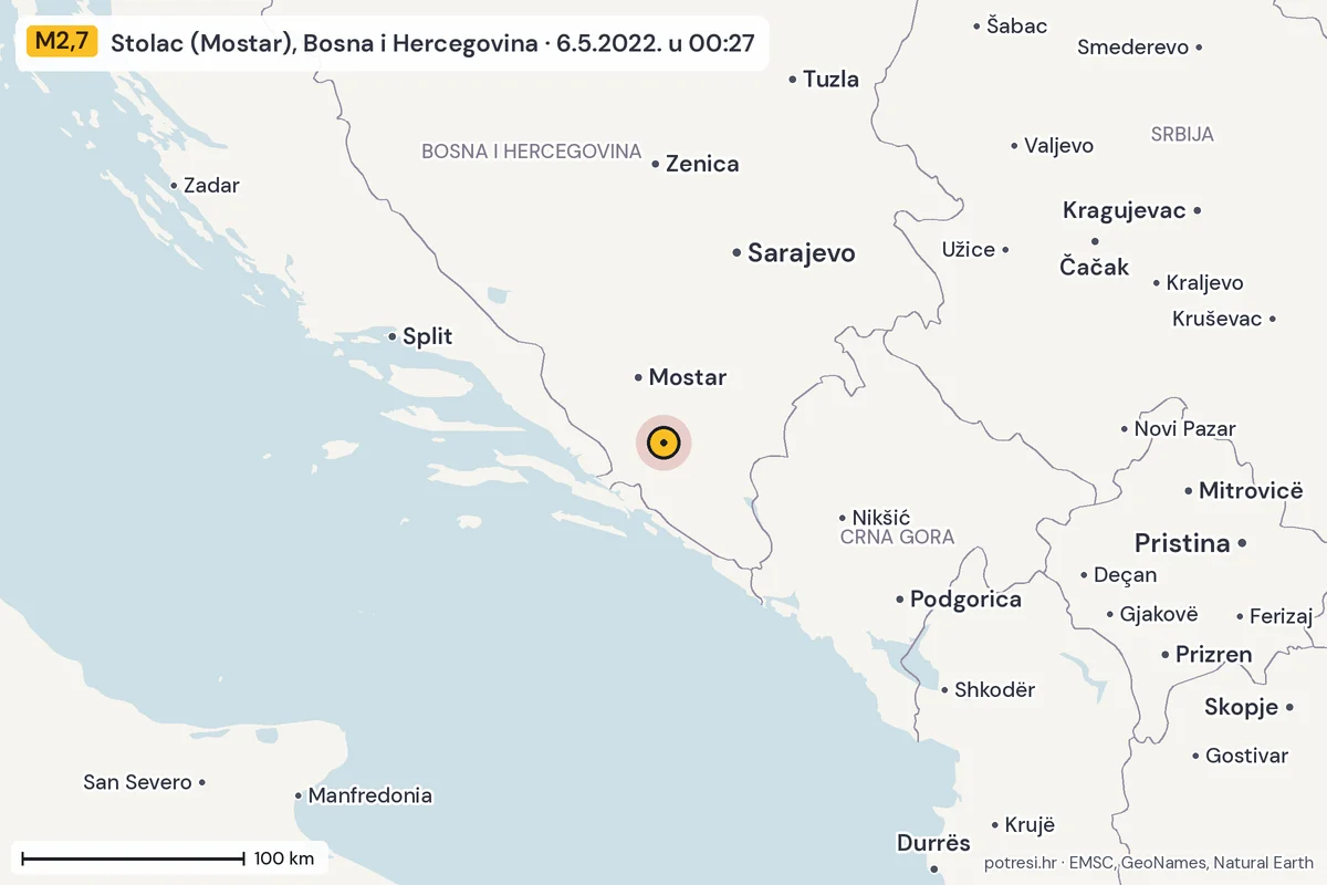 Karta: šire područje, 600 km, potres M2,7, Stolac (Mostar), Bosna i Hercegovina, 6.5.2022.