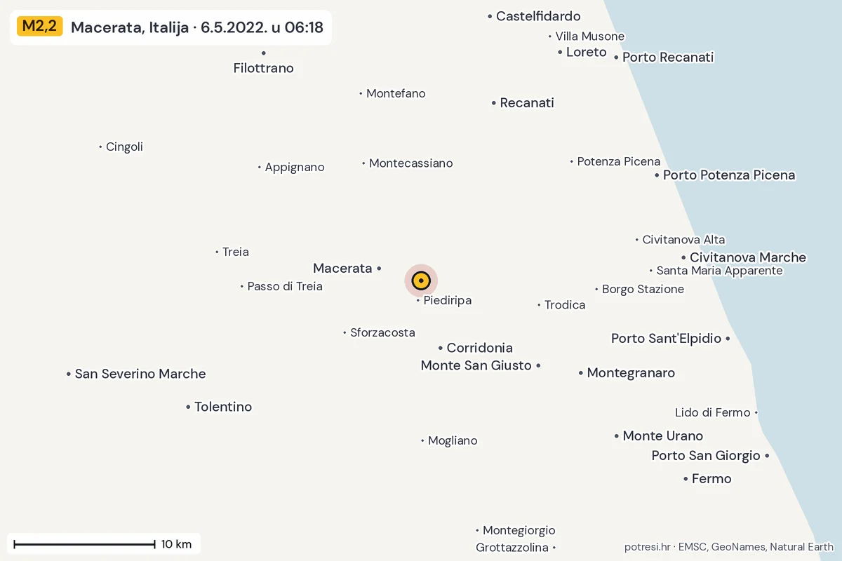 Karta: okolica epicentra, 60 km, potres M2,2, Macerata, Italija, 6.5.2022.