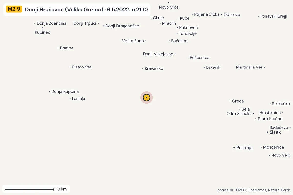 Karta: okolica epicentra, 60 km, potres M2,9, Donji Hruševec (Velika Gorica), 6.5.2022.