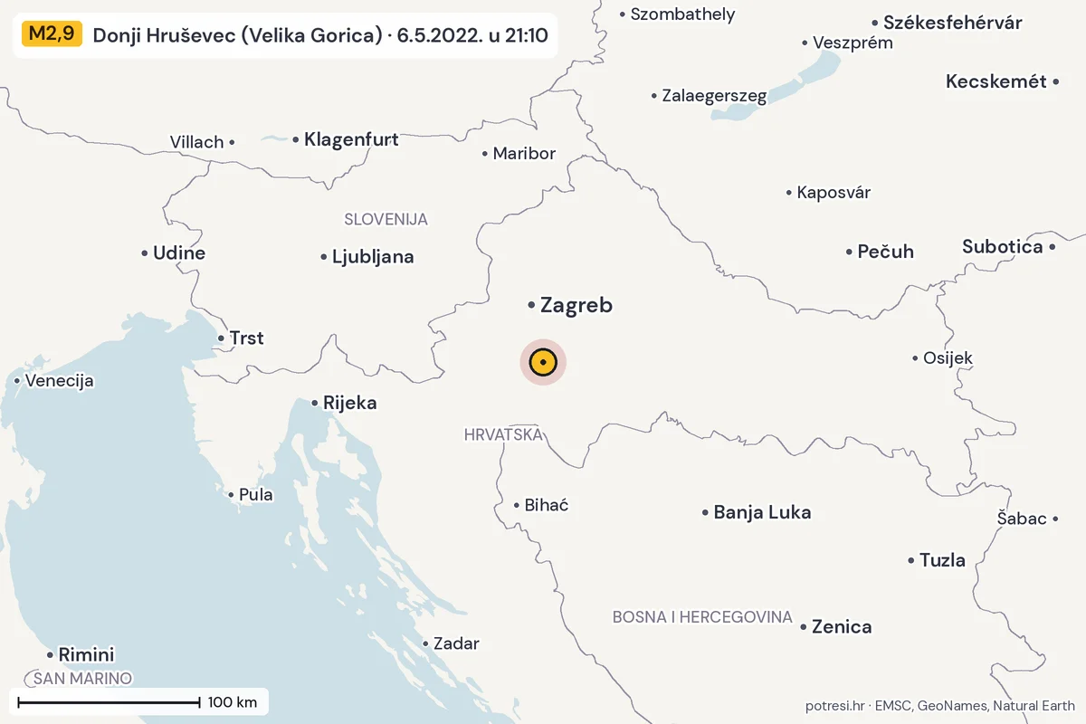 Karta: šire područje, 600 km, potres M2,9, Donji Hruševec (Velika Gorica), 6.5.2022.