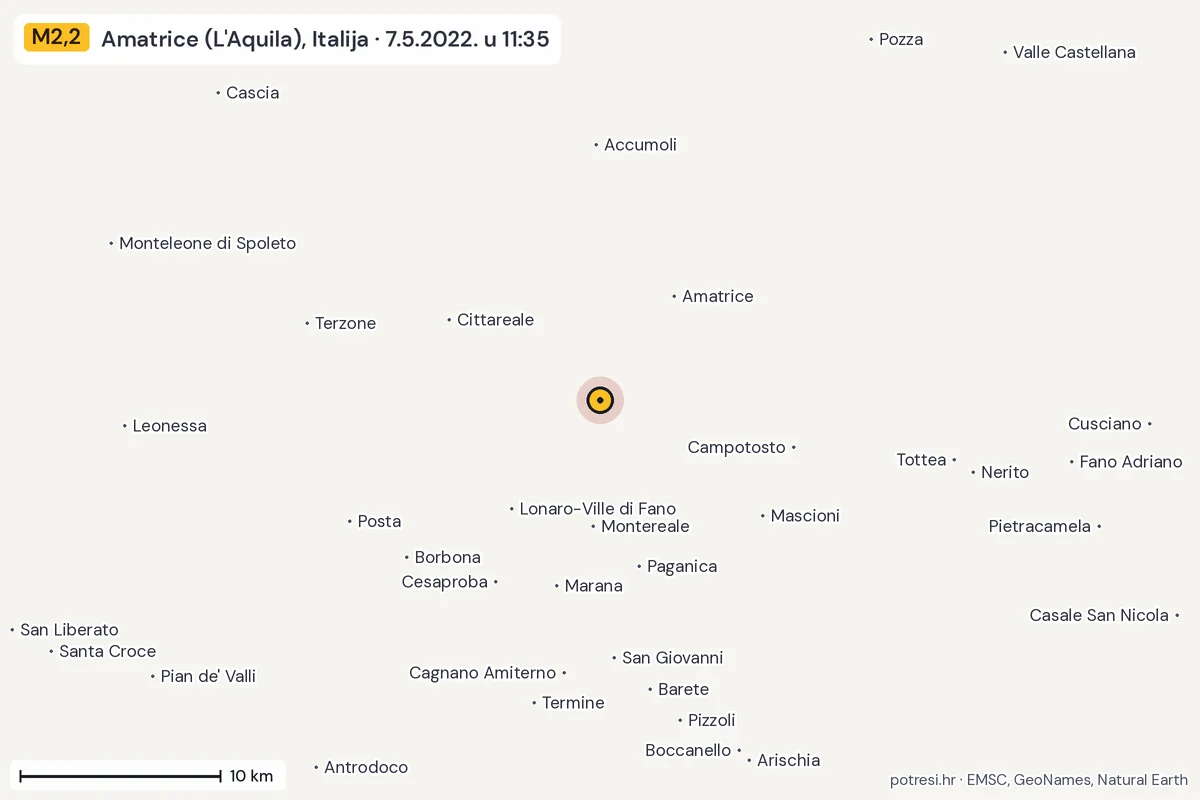 Karta: okolica epicentra, 60 km, potres M2,2, Amatrice (L'Aquila), Italija, 7.5.2022.