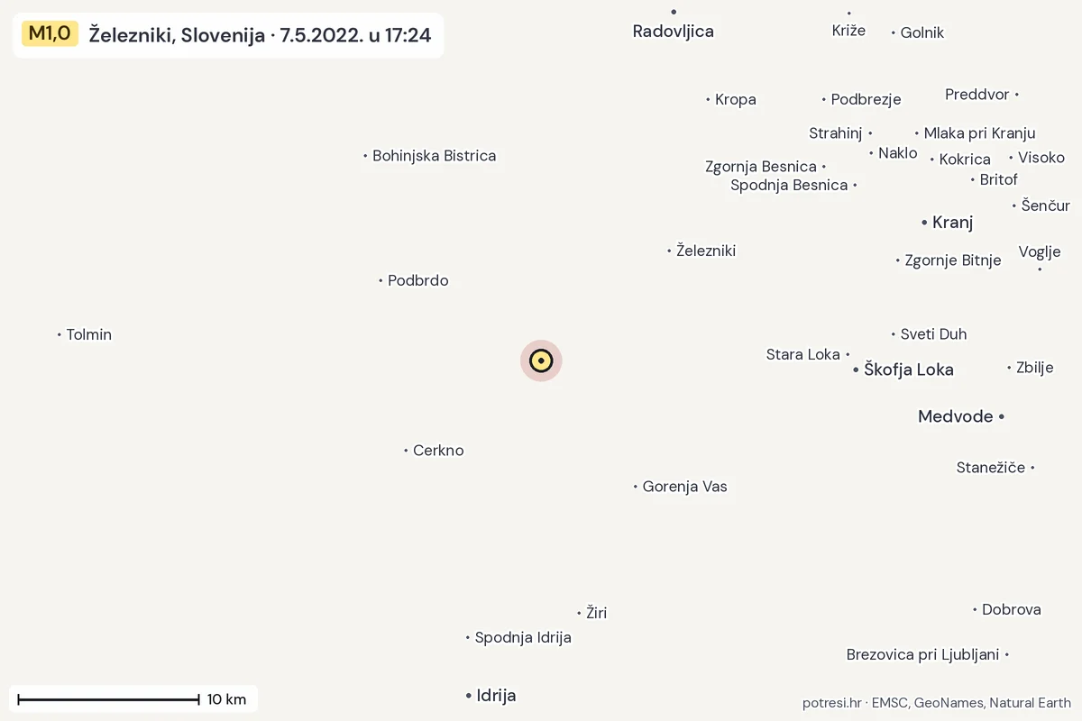 Karta: okolica epicentra, 60 km, potres M1,0, Železniki, Slovenija, 7.5.2022.