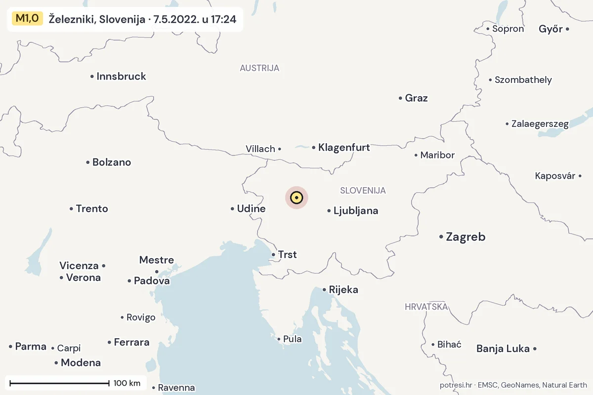 Karta: šire područje, 600 km, potres M1,0, Železniki, Slovenija, 7.5.2022.