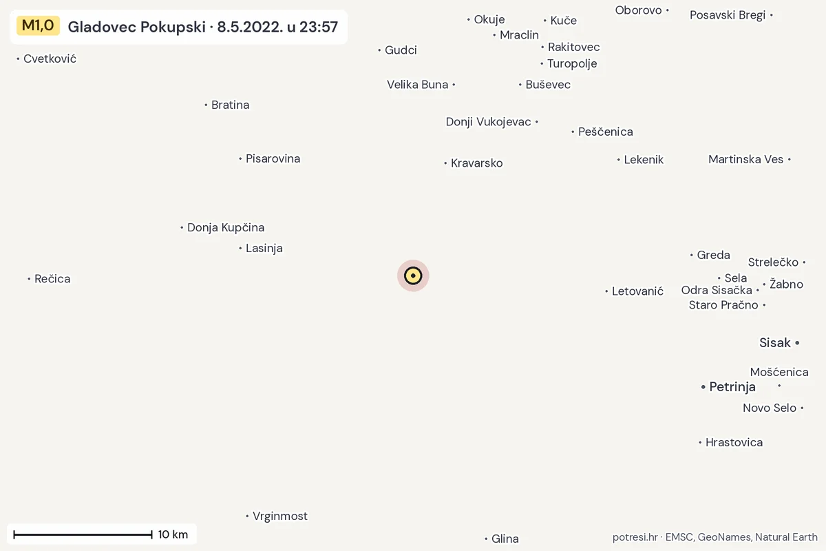 Karta: okolica epicentra, 60 km, potres M1,0, Gladovec Pokupski, 8.5.2022.