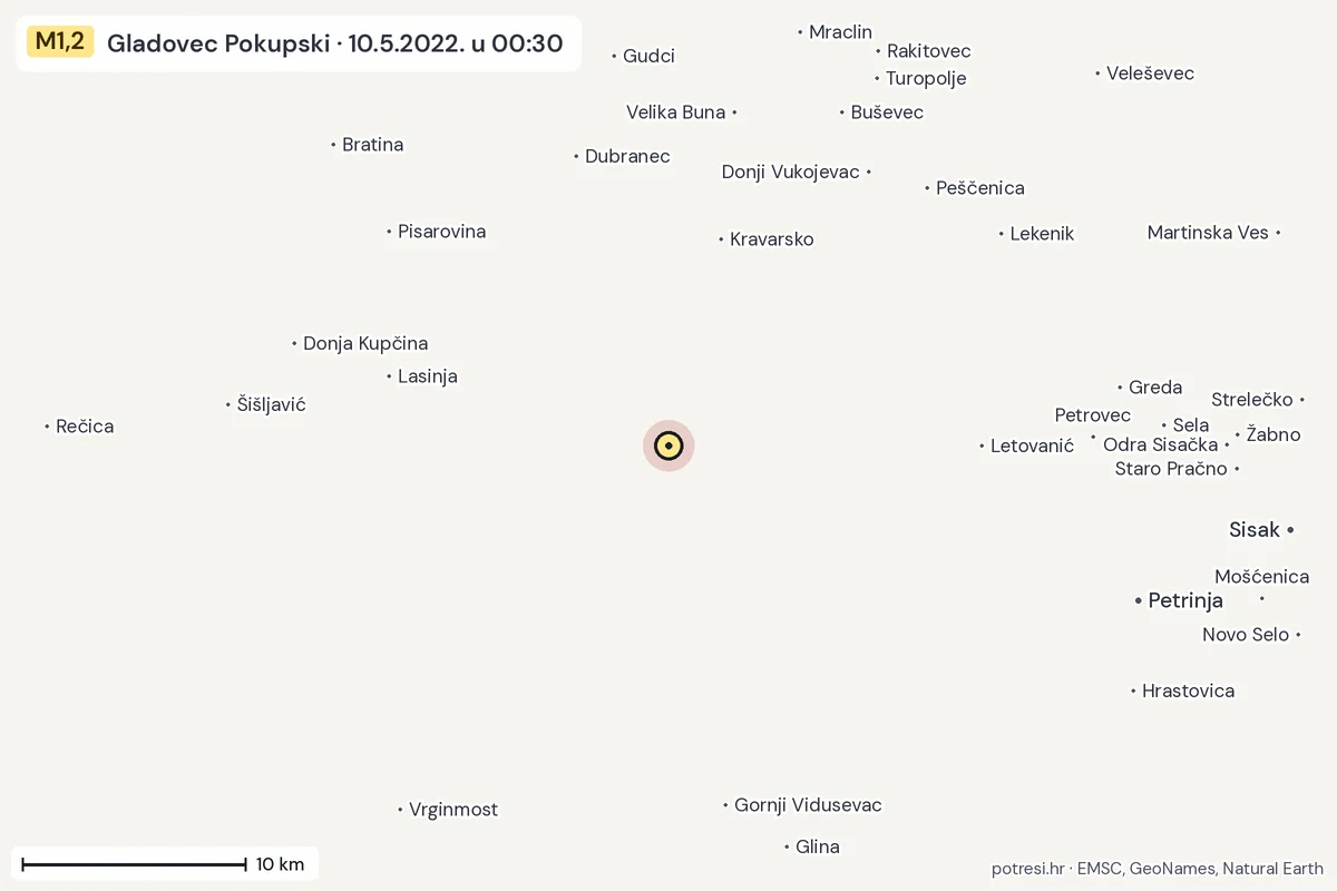 Karta: okolica epicentra, 60 km, potres M1,2, Gladovec Pokupski, 10.5.2022.
