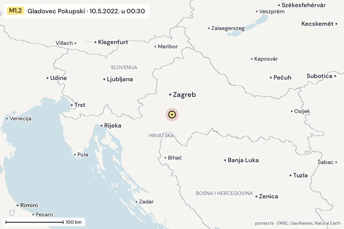 Karta: šire područje, 600 km, potres M1,2, Gladovec Pokupski, 10.5.2022.