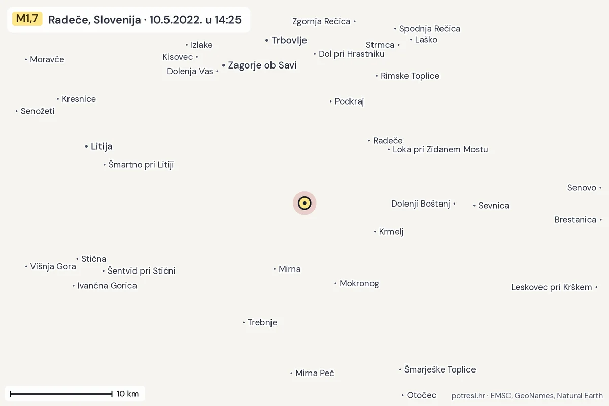 Karta: okolica epicentra, 60 km, potres M1,7, Radeče, Slovenija, 10.5.2022.