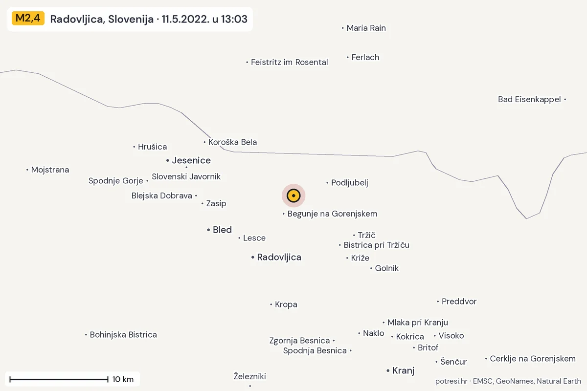 Karta: okolica epicentra, 60 km, potres M2,4, Radovljica, Slovenija, 11.5.2022.