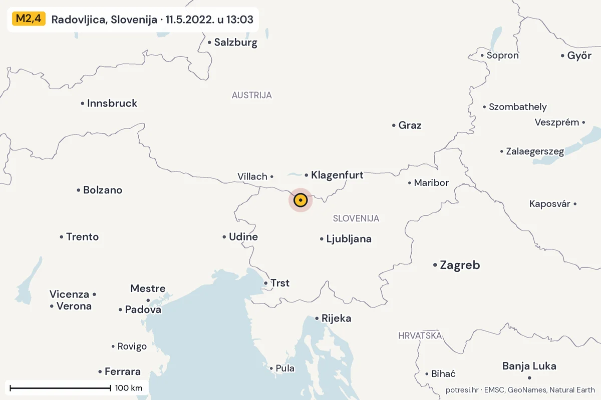 Karta: šire područje, 600 km, potres M2,4, Radovljica, Slovenija, 11.5.2022.