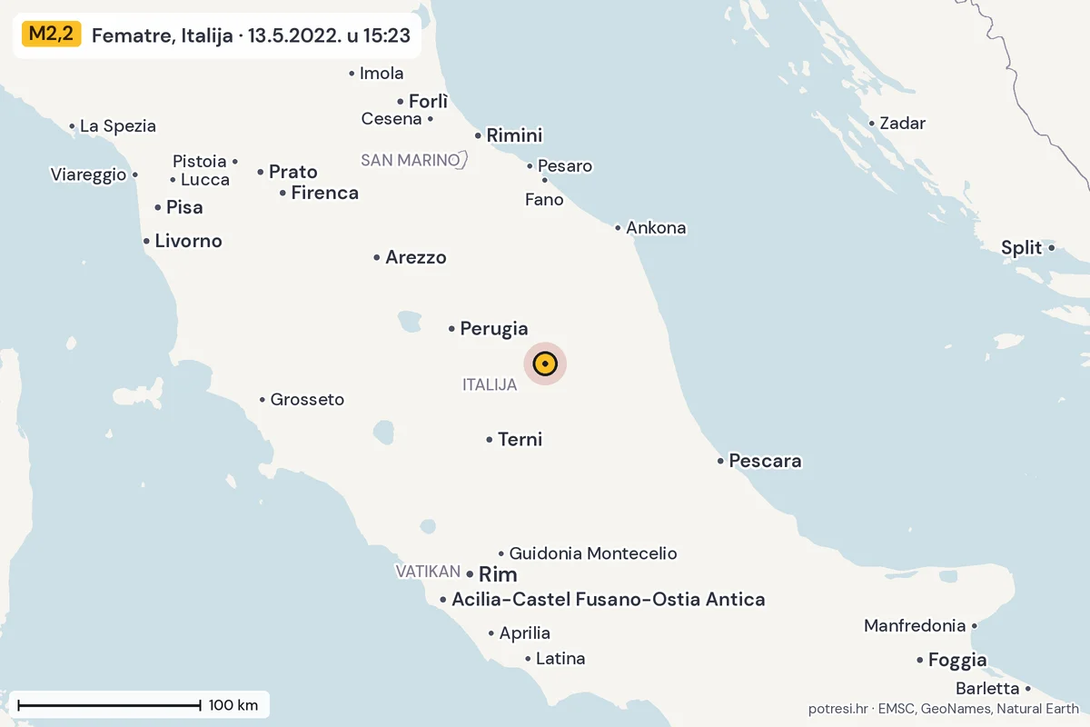 Karta: šire područje, 600 km, potres M2,2, Fematre, Italija, 13.5.2022.