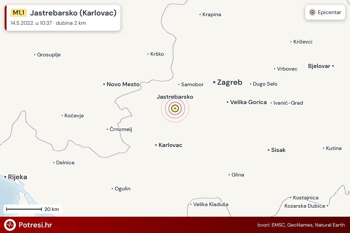Karta: šire područje i vjerojatni doseg osjeta, potres M1,1, Jastrebarsko (Karlovac), 14.5.2022.