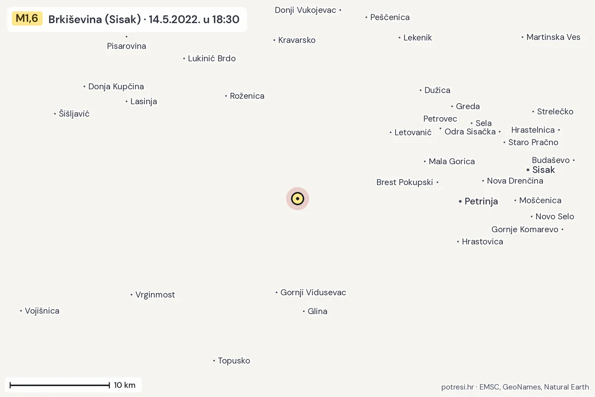 Karta: okolica epicentra, 60 km, potres M1,6, Brkiševina (Sisak), 14.5.2022.