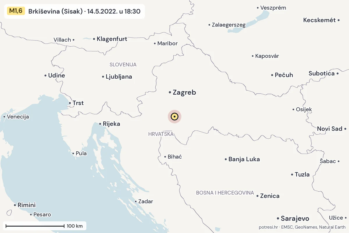 Karta: šire područje, 600 km, potres M1,6, Brkiševina (Sisak), 14.5.2022.