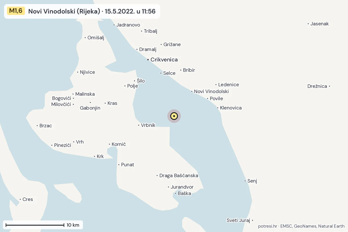 Karta: okolica epicentra, 60 km, potres M1,6, Novi Vinodolski (Rijeka), 15.5.2022.