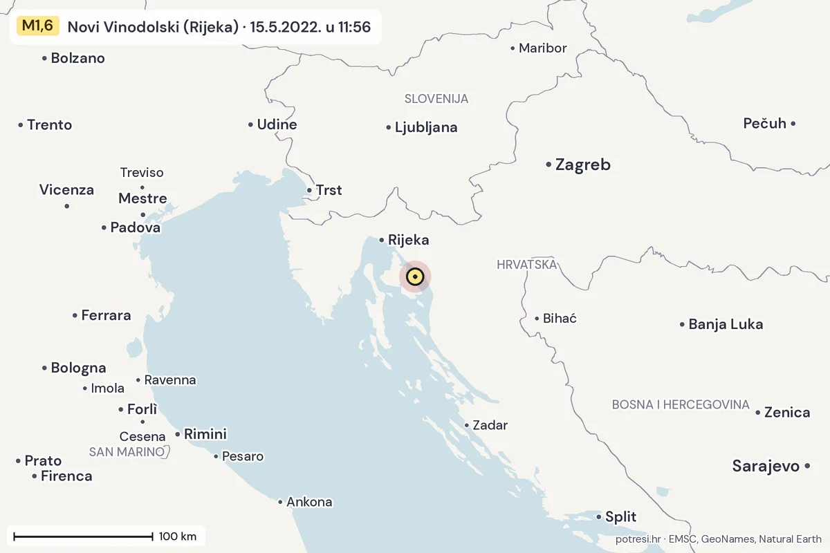 Karta: šire područje, 600 km, potres M1,6, Novi Vinodolski (Rijeka), 15.5.2022.
