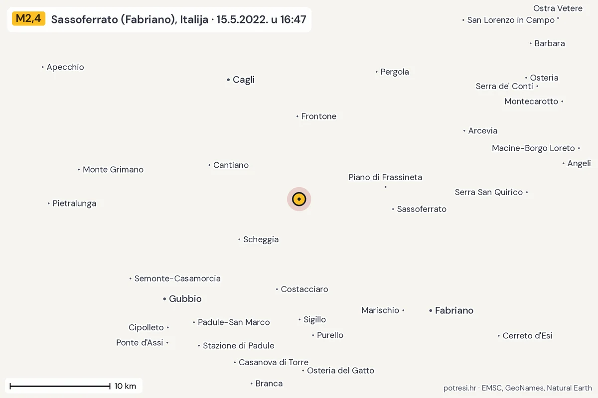 Karta: okolica epicentra, 60 km, potres M2,4, Sassoferrato (Fabriano), Italija, 15.5.2022.