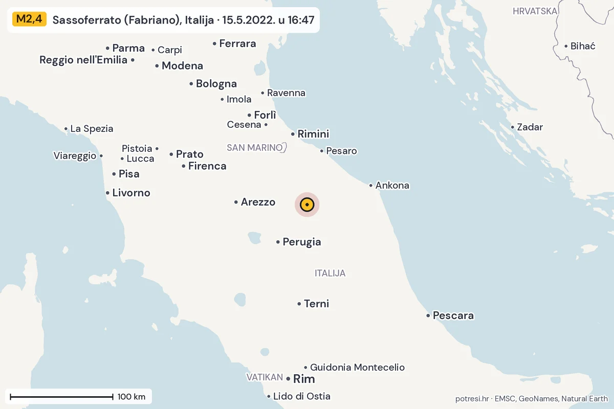 Karta: šire područje, 600 km, potres M2,4, Sassoferrato (Fabriano), Italija, 15.5.2022.