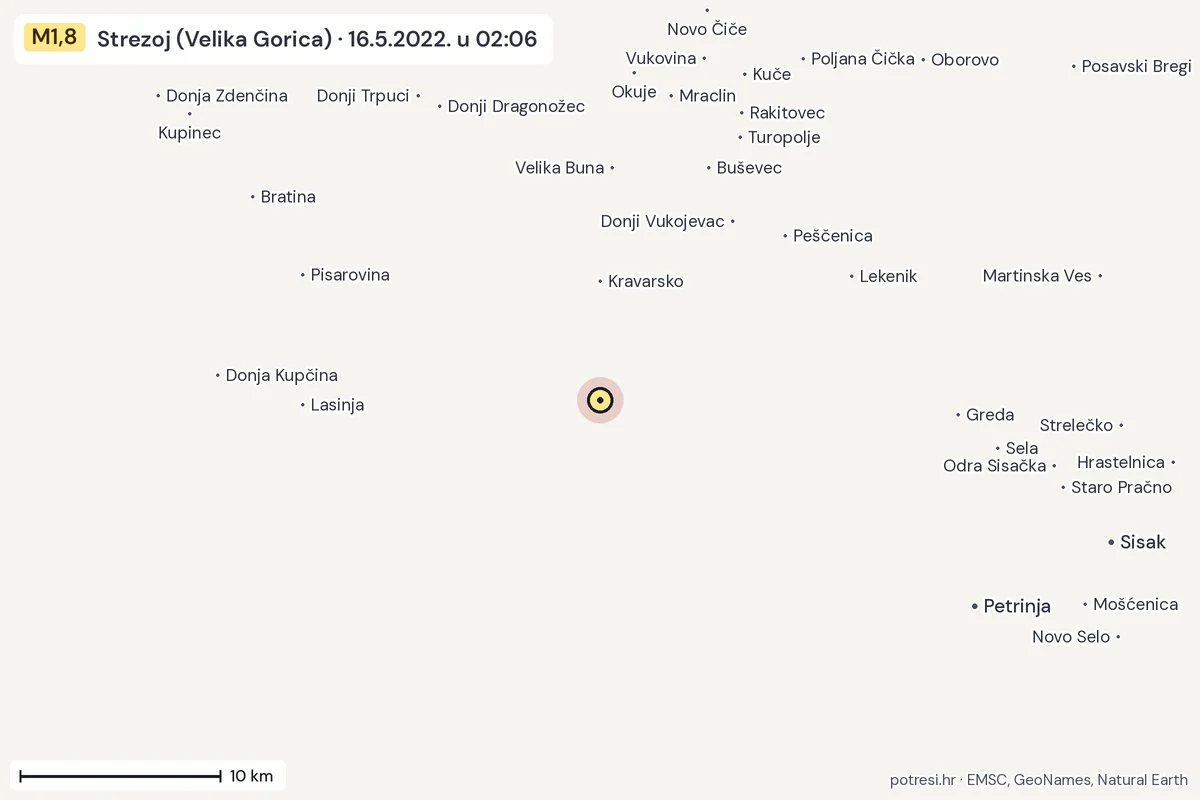 Karta: okolica epicentra, 60 km, potres M1,8, Strezoj (Velika Gorica), 16.5.2022.