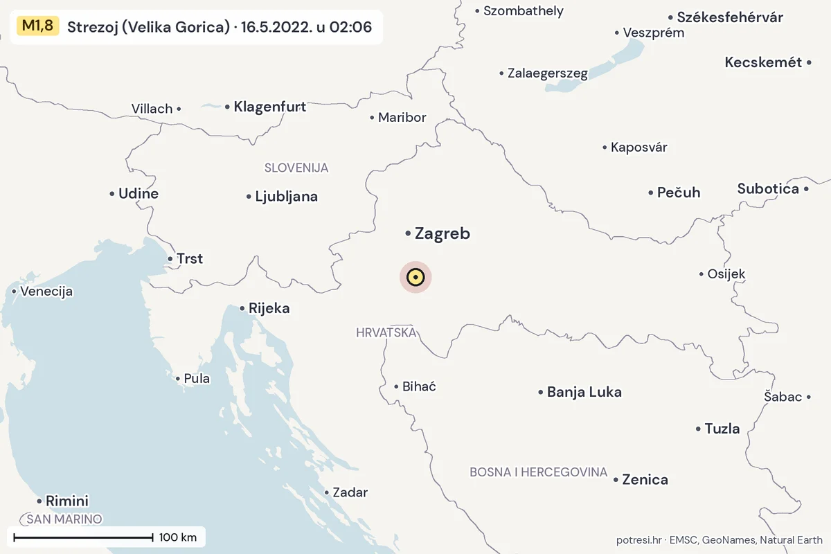 Karta: šire područje, 600 km, potres M1,8, Strezoj (Velika Gorica), 16.5.2022.