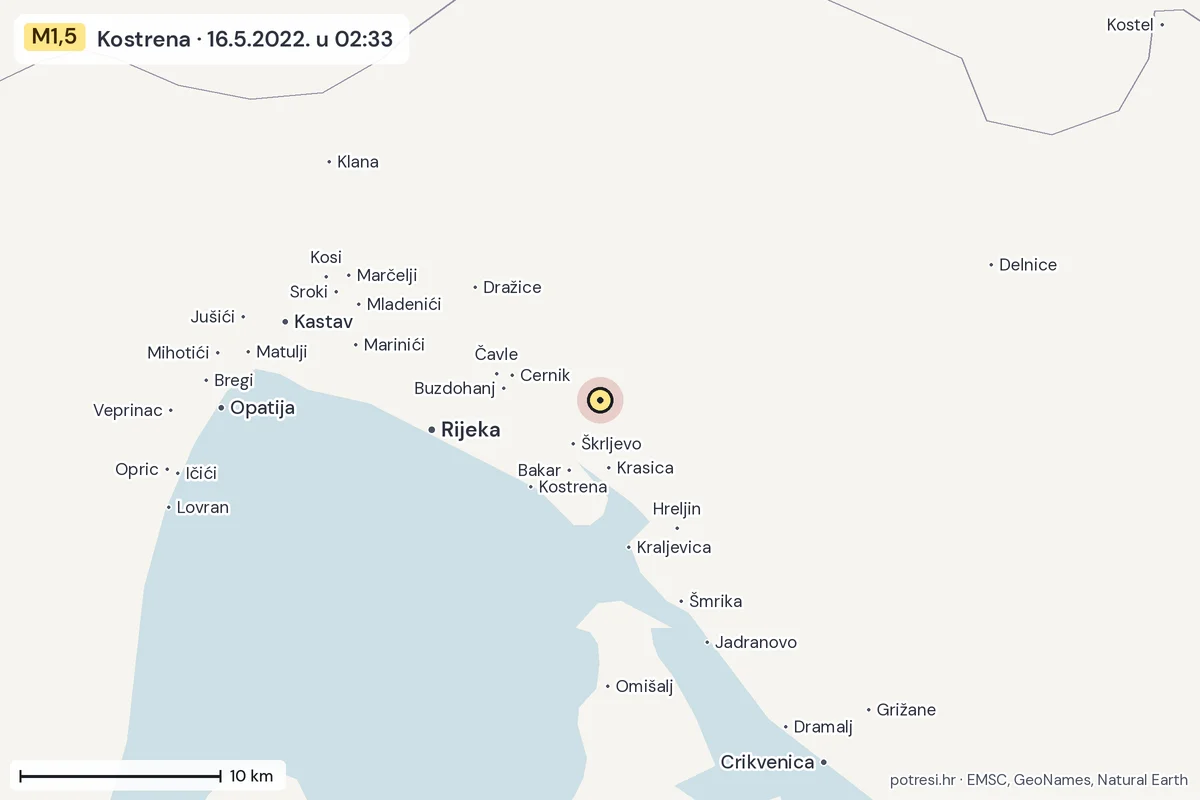 Karta: okolica epicentra, 60 km, potres M1,5, Kostrena, 16.5.2022.
