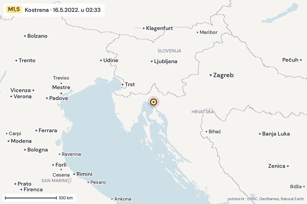 Karta: šire područje, 600 km, potres M1,5, Kostrena, 16.5.2022.