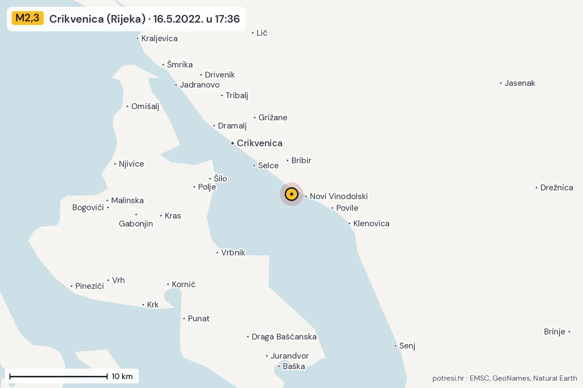 Karta: okolica epicentra, 60 km, potres M2,3, Crikvenica (Rijeka), 16.5.2022.