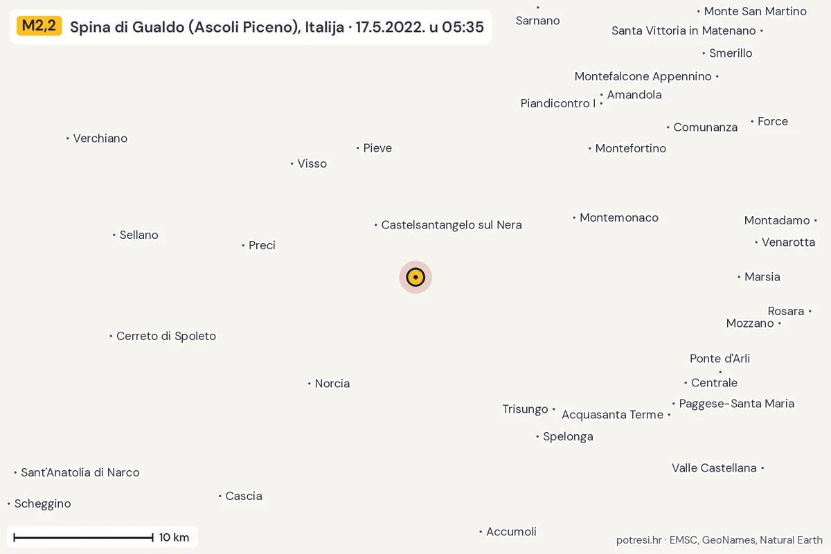 Karta: okolica epicentra, 60 km, potres M2,2, Spina di Gualdo (Ascoli Piceno), Italija, 17.5.2022.
