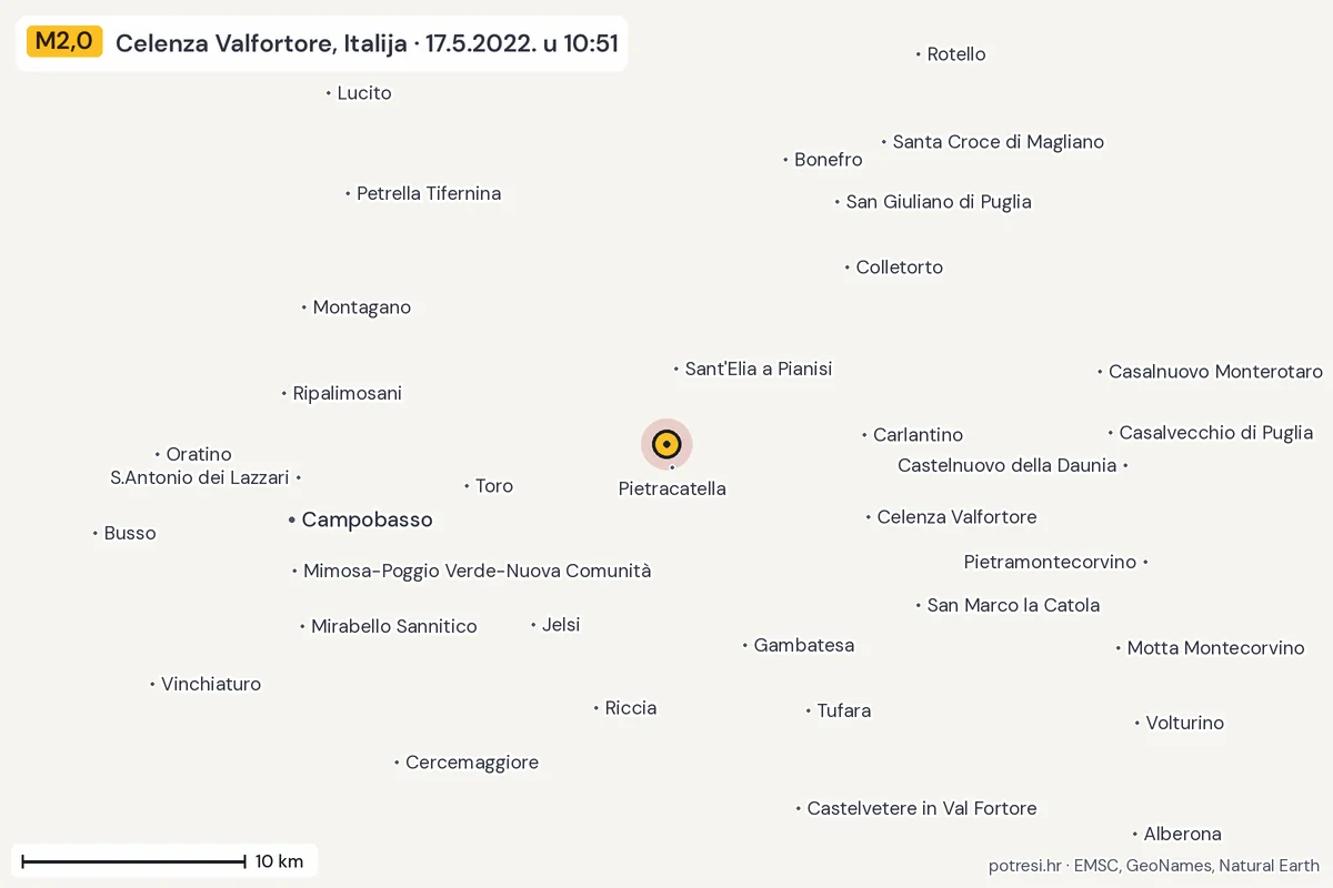 Karta: okolica epicentra, 60 km, potres M2,0, Celenza Valfortore, Italija, 17.5.2022.