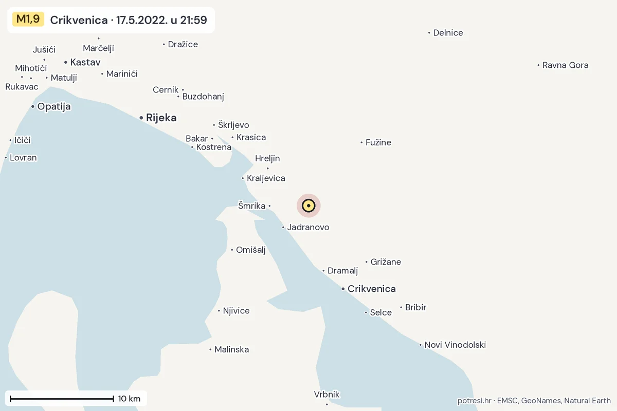 Karta: okolica epicentra, 60 km, potres M1,9, Crikvenica, 17.5.2022.
