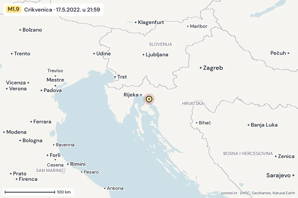 Karta: šire područje, 600 km, potres M1,9, Crikvenica, 17.5.2022.