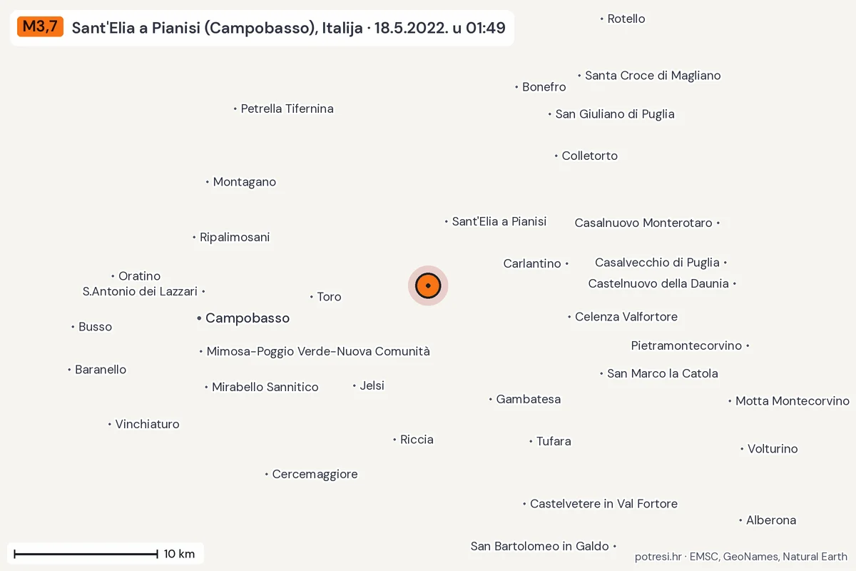 Karta: okolica epicentra, 60 km, potres M3,7, Sant'Elia a Pianisi (Campobasso), Italija, 18.5.2022.
