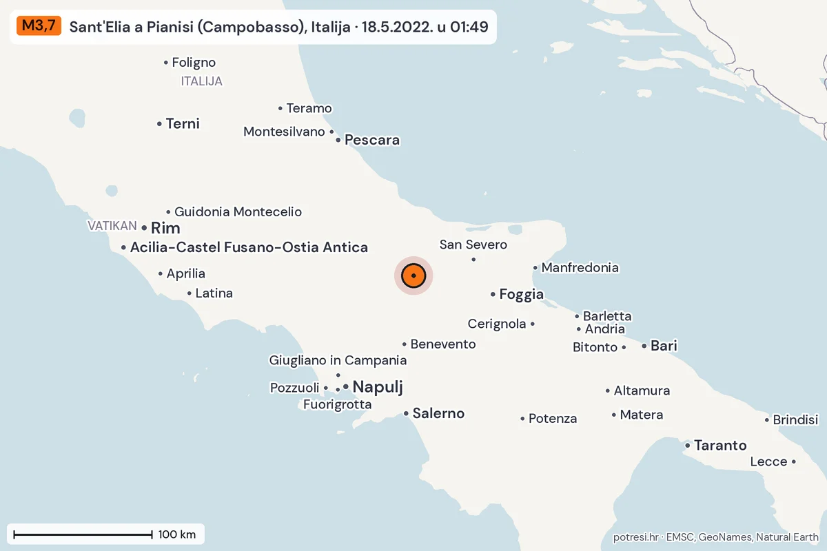 Karta: šire područje, 600 km, potres M3,7, Sant'Elia a Pianisi (Campobasso), Italija, 18.5.2022.