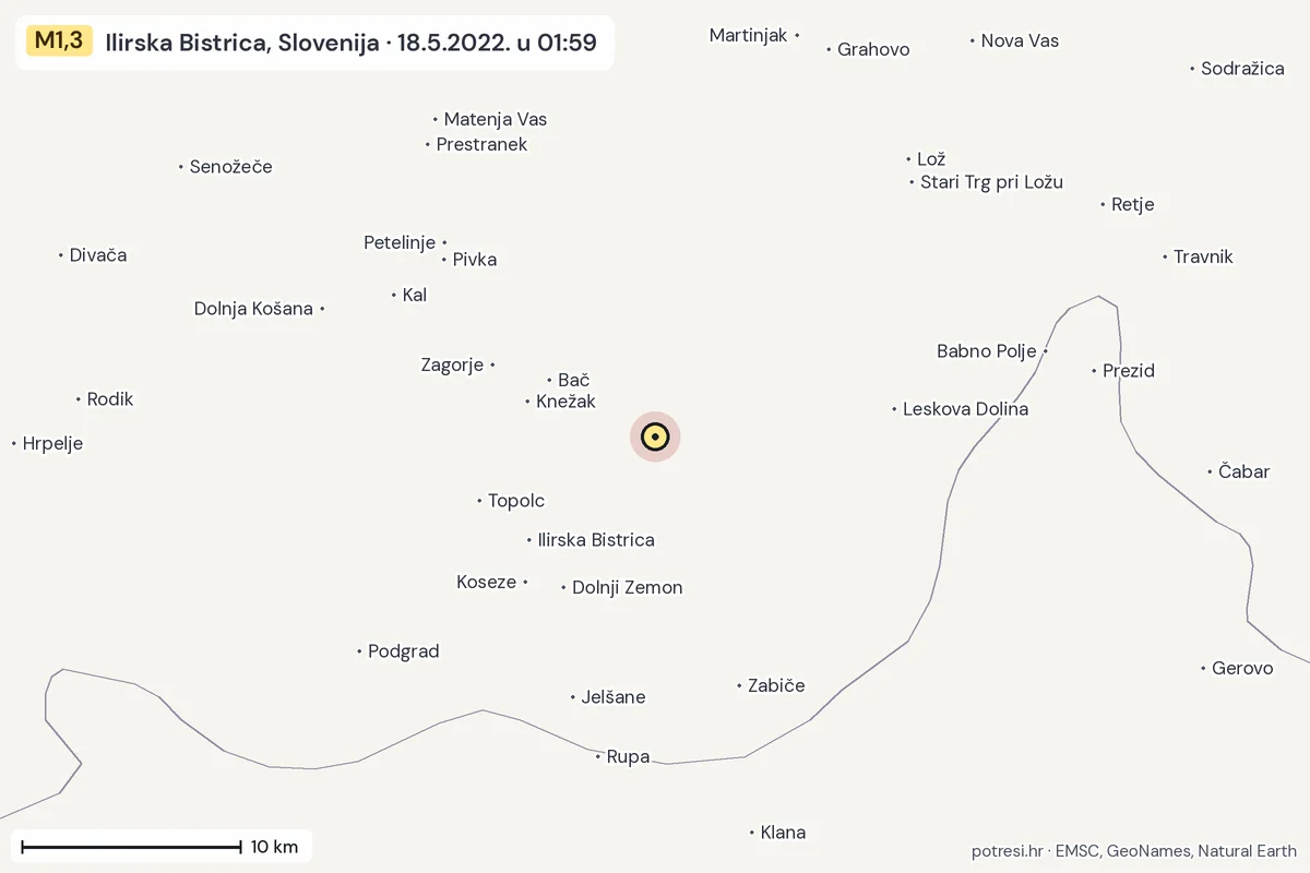 Karta: okolica epicentra, 60 km, potres M1,3, Ilirska Bistrica, Slovenija, 18.5.2022.