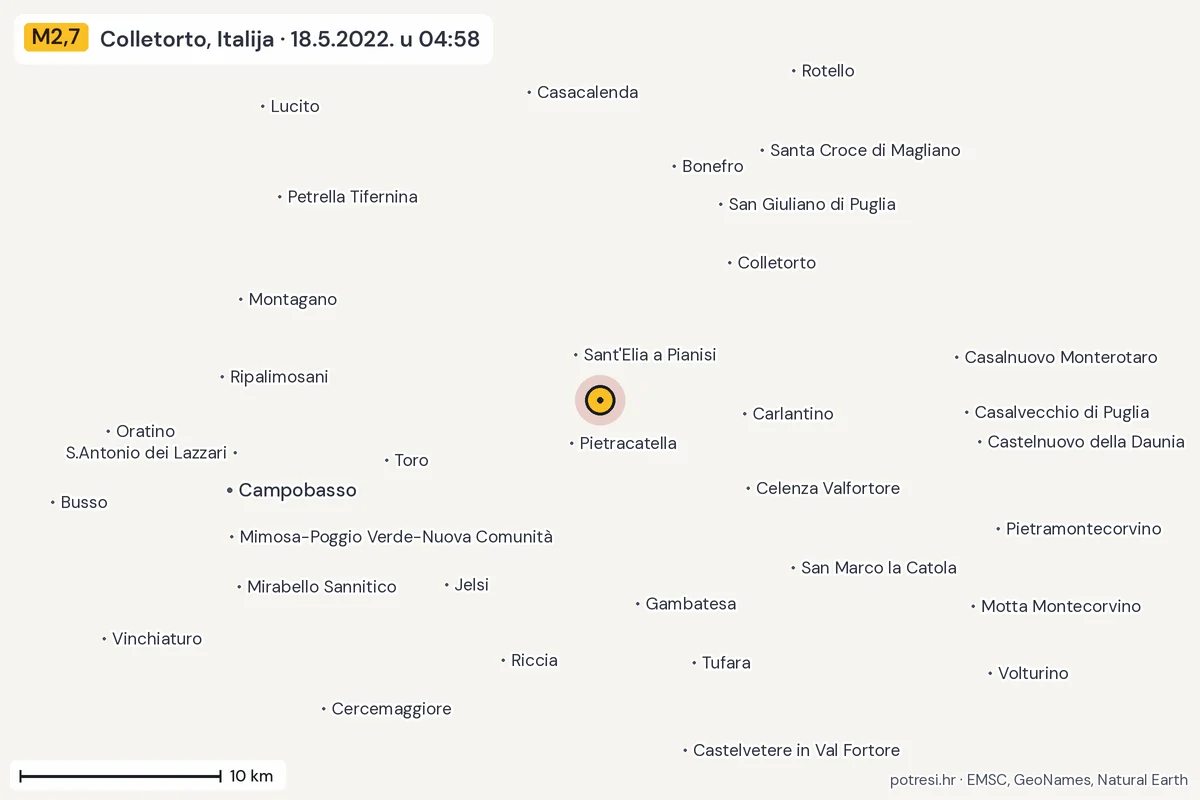 Karta: okolica epicentra, 60 km, potres M2,7, Colletorto, Italija, 18.5.2022.