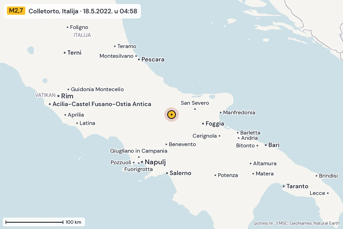 Karta: šire područje, 600 km, potres M2,7, Colletorto, Italija, 18.5.2022.