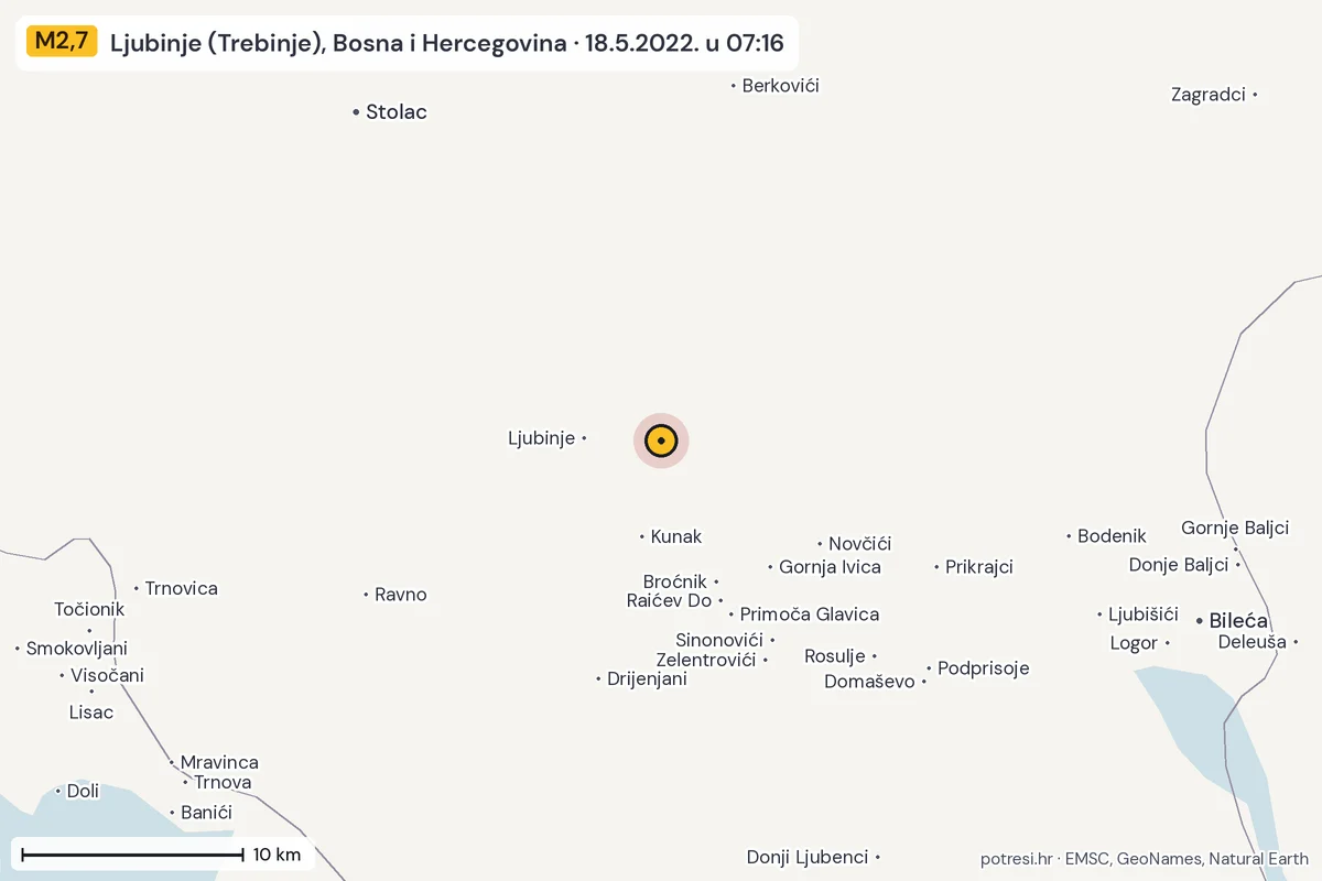 Karta: okolica epicentra, 60 km, potres M2,7, Ljubinje (Trebinje), Bosna i Hercegovina, 18.5.2022.