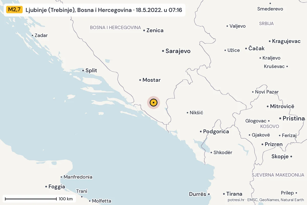 Karta: šire područje, 600 km, potres M2,7, Ljubinje (Trebinje), Bosna i Hercegovina, 18.5.2022.