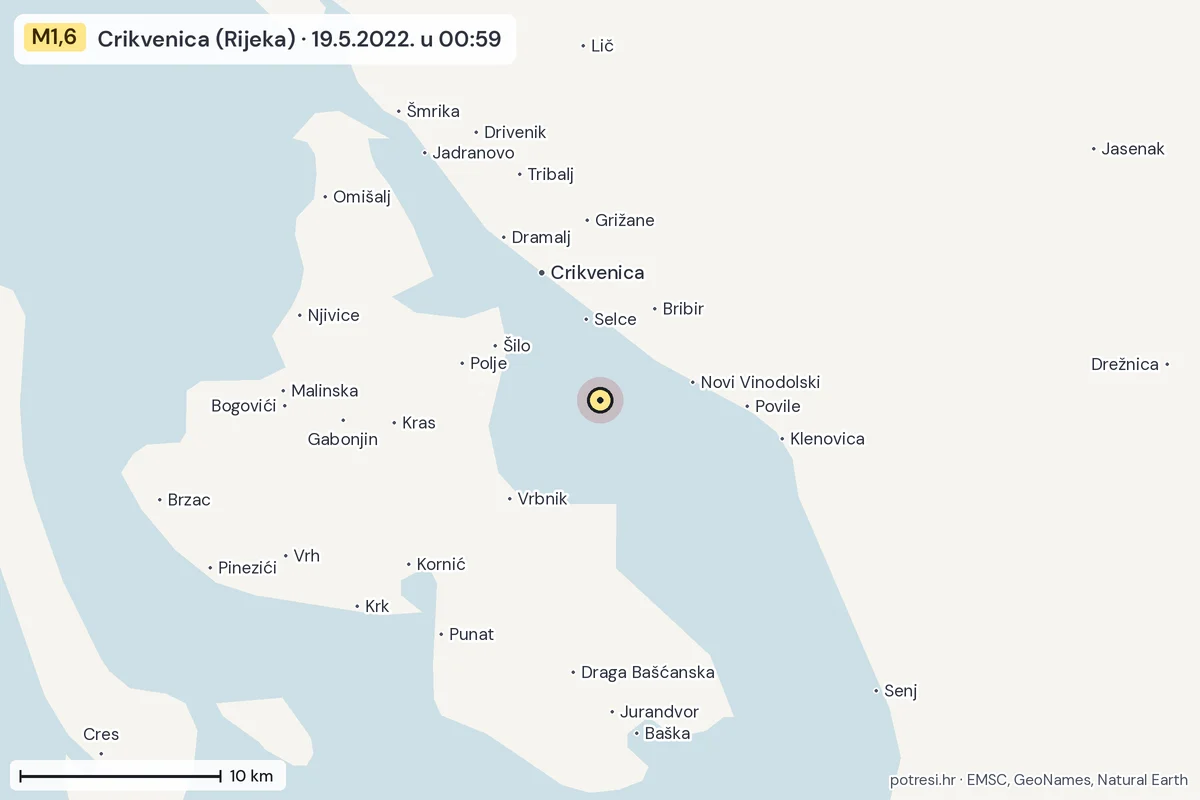 Karta: okolica epicentra, 60 km, potres M1,6, Crikvenica (Rijeka), 19.5.2022.