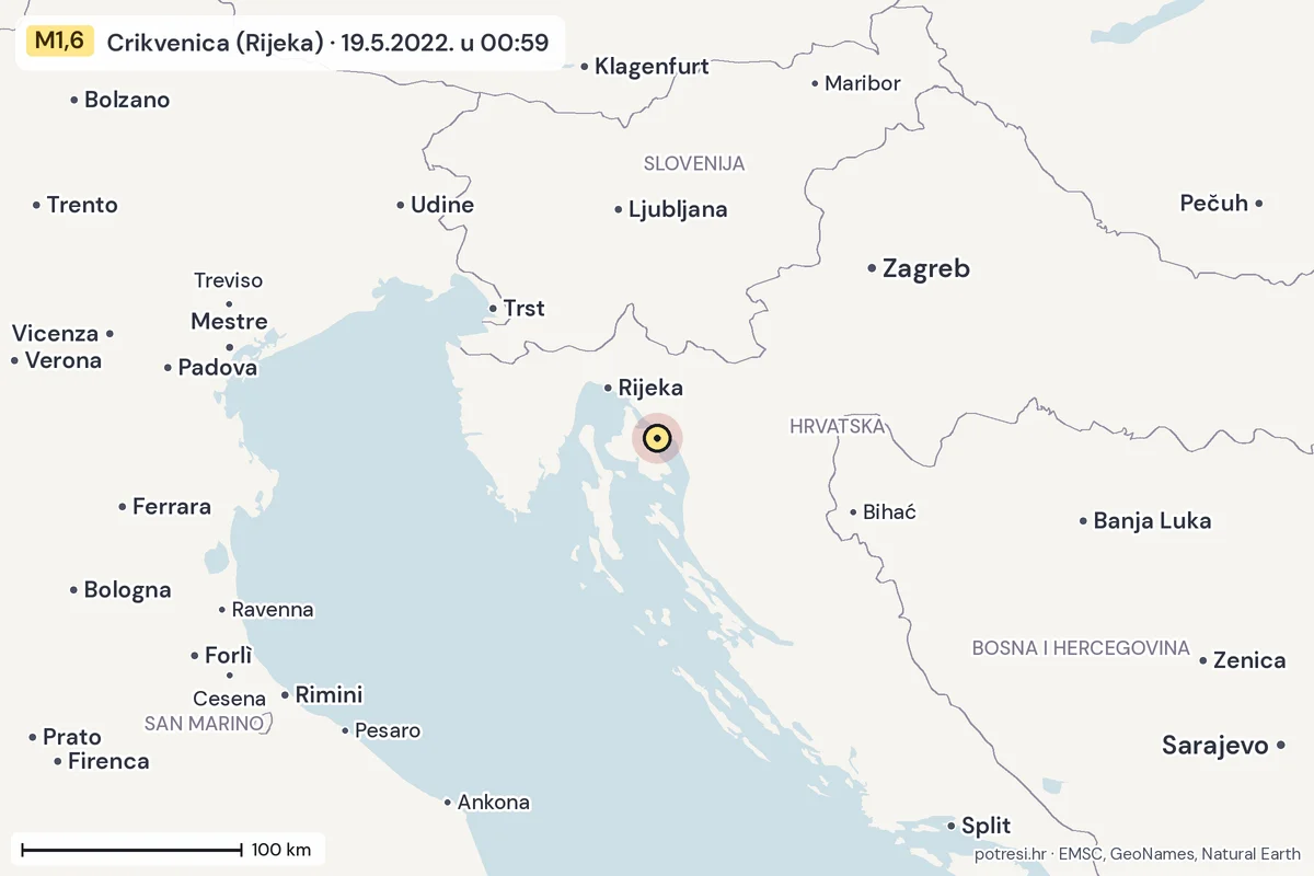 Karta: šire područje, 600 km, potres M1,6, Crikvenica (Rijeka), 19.5.2022.