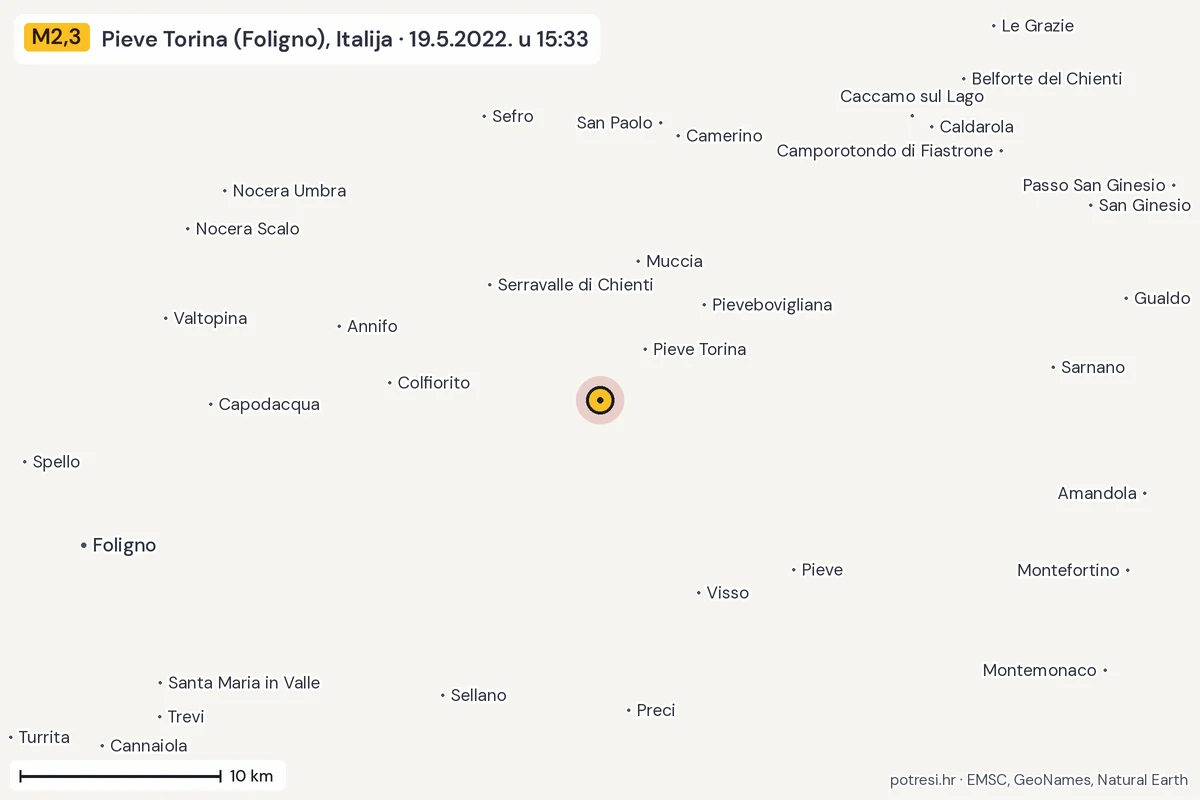 Karta: okolica epicentra, 60 km, potres M2,3, Pieve Torina (Foligno), Italija, 19.5.2022.