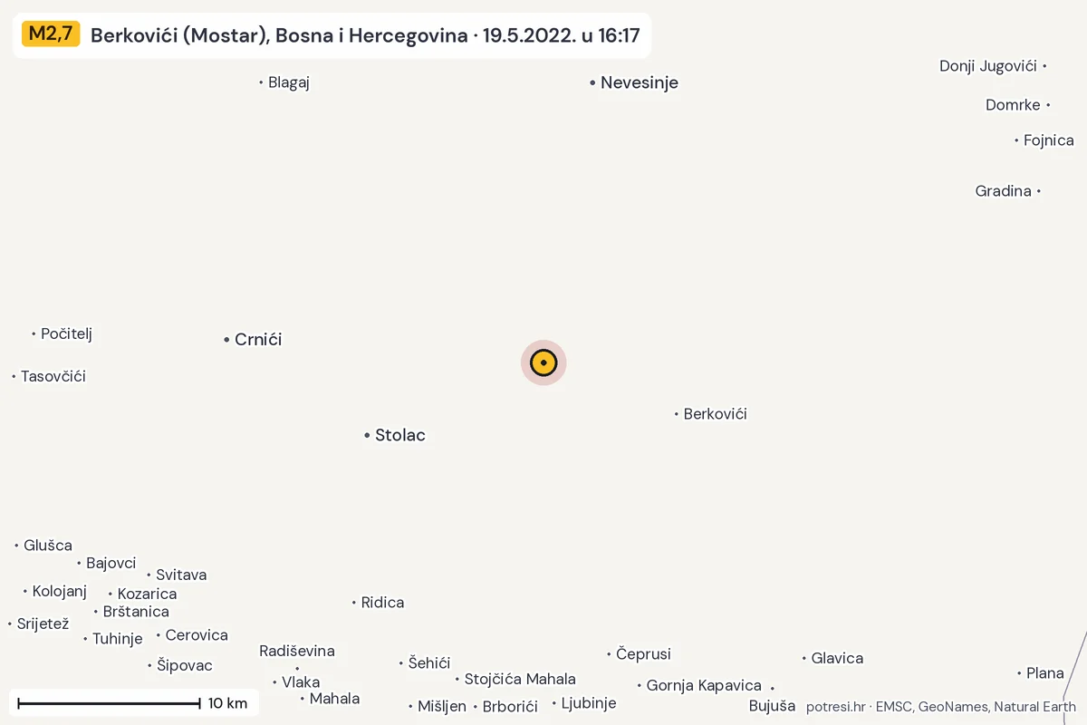 Karta: okolica epicentra, 60 km, potres M2,7, Berkovići (Mostar), Bosna i Hercegovina, 19.5.2022.