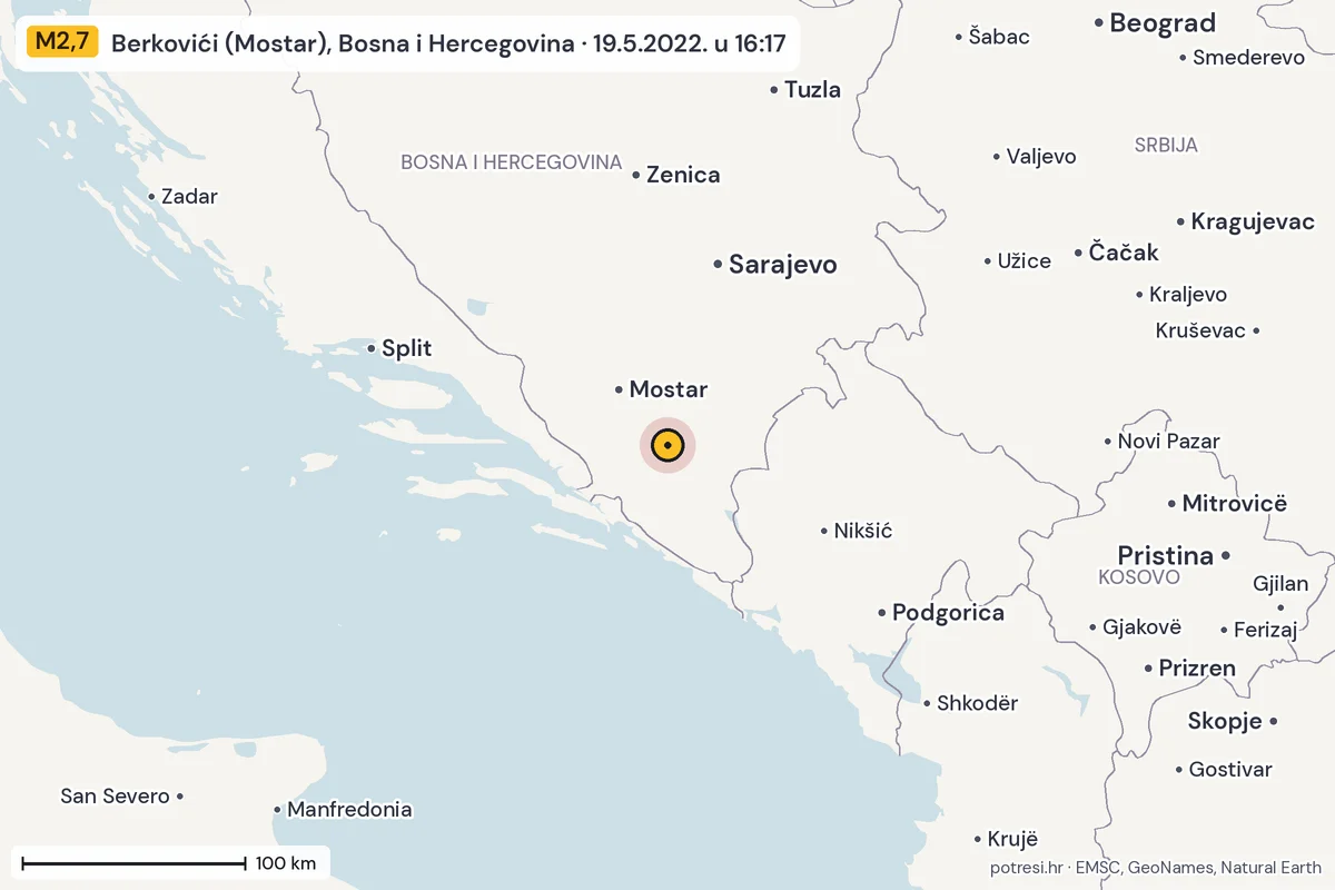 Karta: šire područje, 600 km, potres M2,7, Berkovići (Mostar), Bosna i Hercegovina, 19.5.2022.
