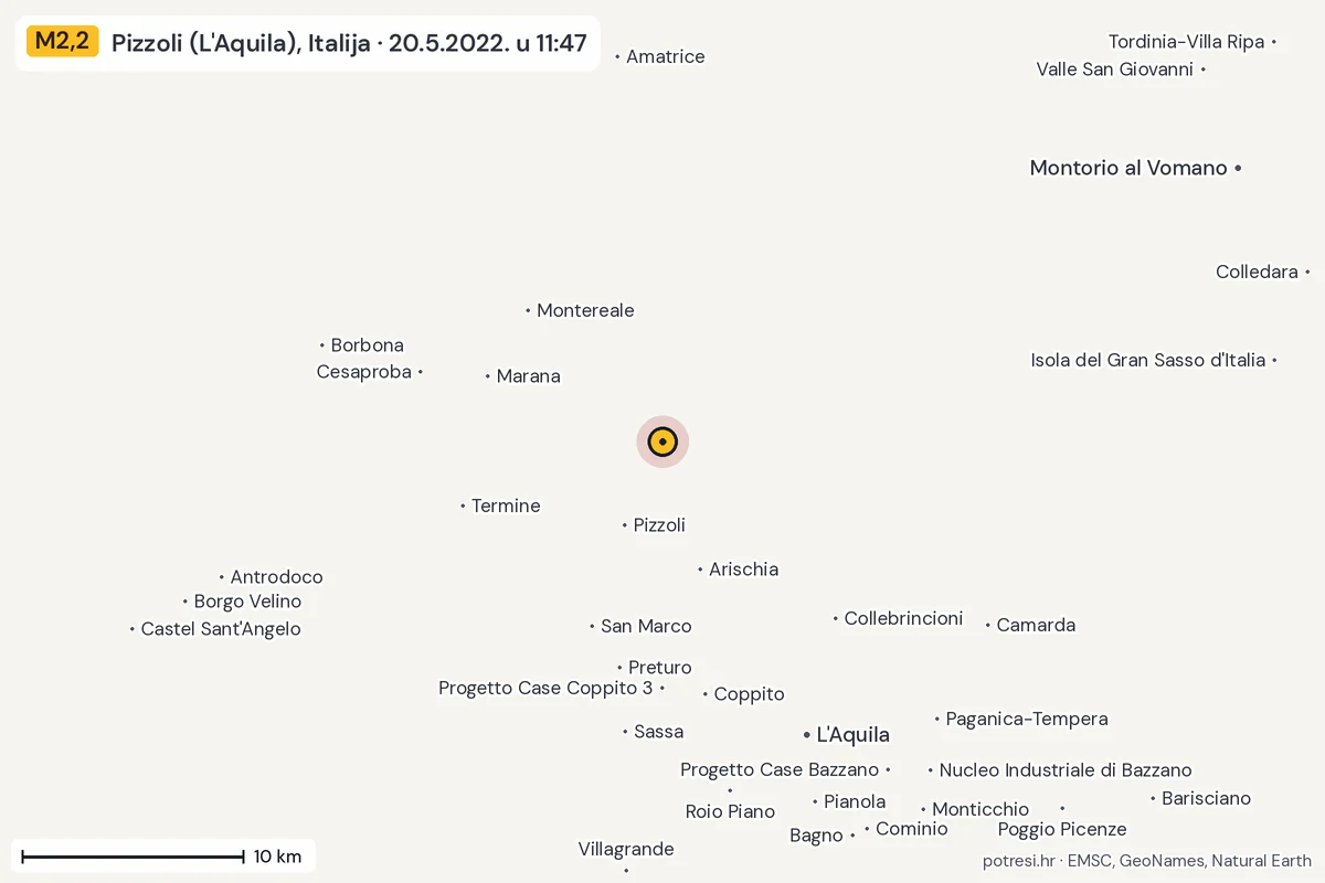Karta: okolica epicentra, 60 km, potres M2,2, Pizzoli (L'Aquila), Italija, 20.5.2022.