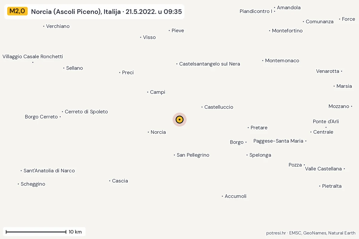 Karta: okolica epicentra, 60 km, potres M2,0, Norcia (Ascoli Piceno), Italija, 21.5.2022.