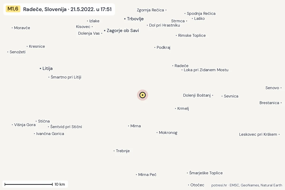 Karta: okolica epicentra, 60 km, potres M1,6, Radeče, Slovenija, 21.5.2022.